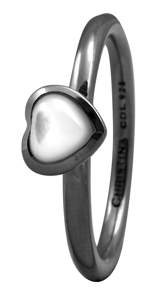 CHRISTINA Black Sølvring Heart mother of pearl - 1.3D Størrelse 55